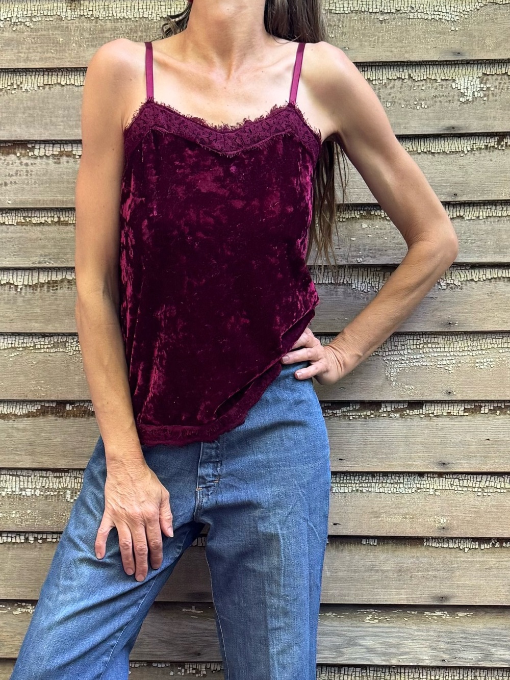 VTG Burgundy Velvet Lace-Trim Cami Top